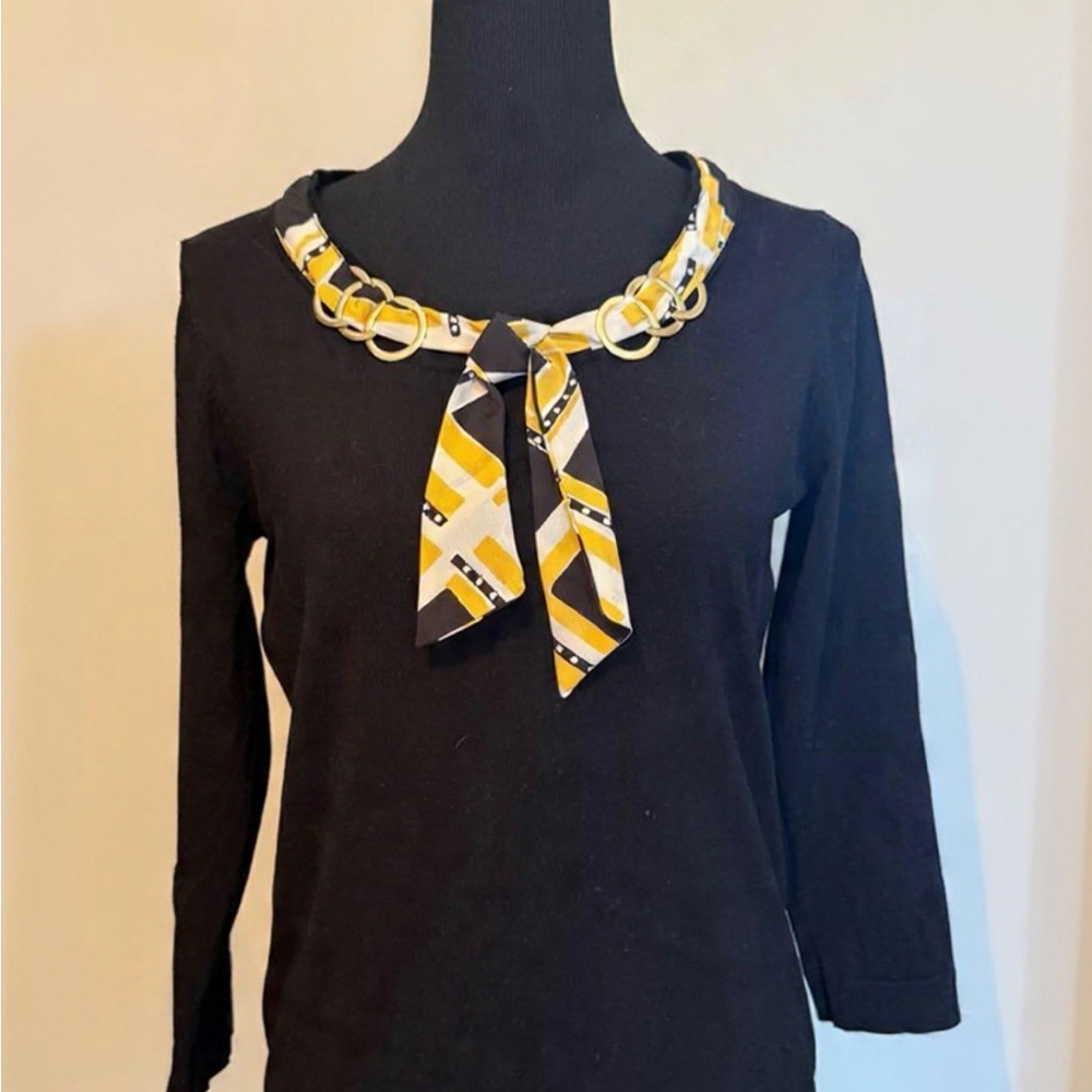 August Silk Women's Black Knit Top Attached Scarf Gold-tone Details Size M
